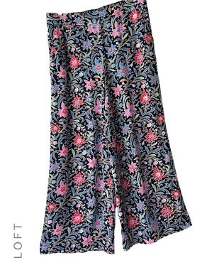 LOFT NWOT FLORAL PULL-ON WIDE LEG FLUID PANTS POCKETS NAVY PINK | SMALL